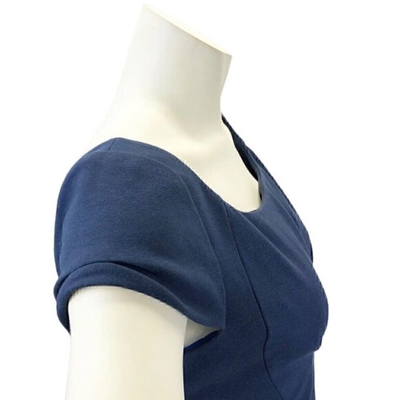 Tahari Stretch Knit Dress Solid Navy Blue Career Fitted Pleated Lined Mini Sz 10 - Picture 5 of 8